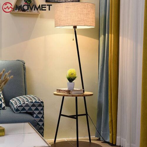 Simple Solid Wood Floor Lamp Iron Fabric Shade Living Room B