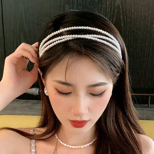 Three layer White Pearl Headbands for Women Handmade Wave Si