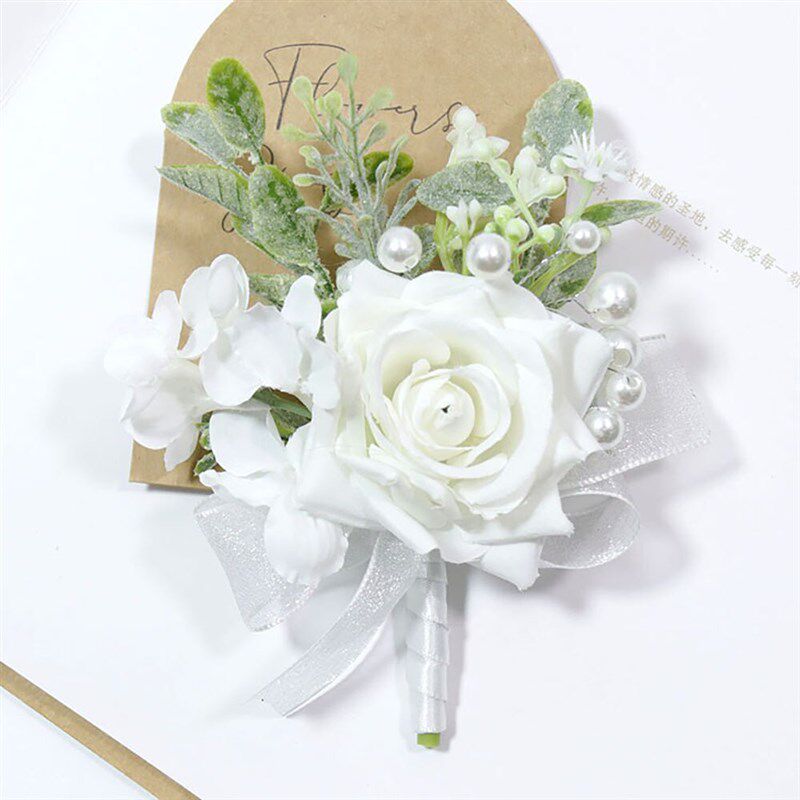 Classic Rose Silk Wedding Boutonniere Pearls Pins Vintage - 实物图