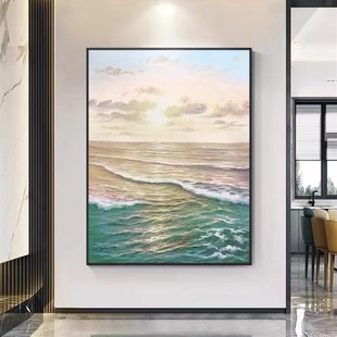 纯手绘海景日出油画抽象立体肌理风景装饰画客厅玄关走廊竖版挂画