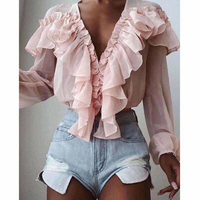 Ruffled Loose V-Neck Pullover Chiffon Shirt White白色雪纺衫