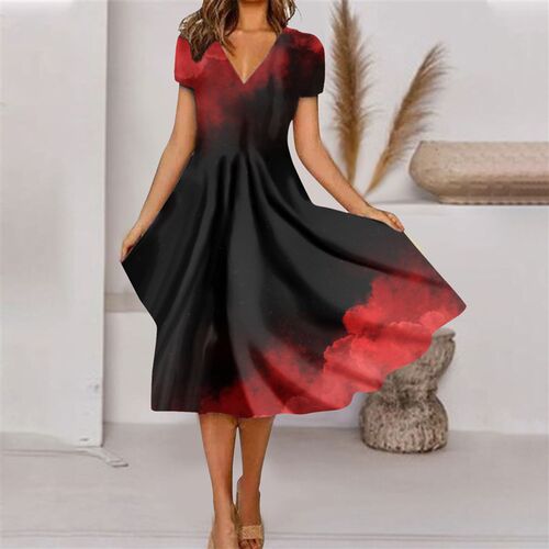 Summer New Womens Dresses Short Sleeve V Neck Floral