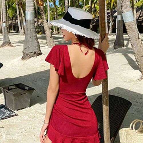 Swimsuit Women Summer  V Neck One-piece Swimwear Female Skir