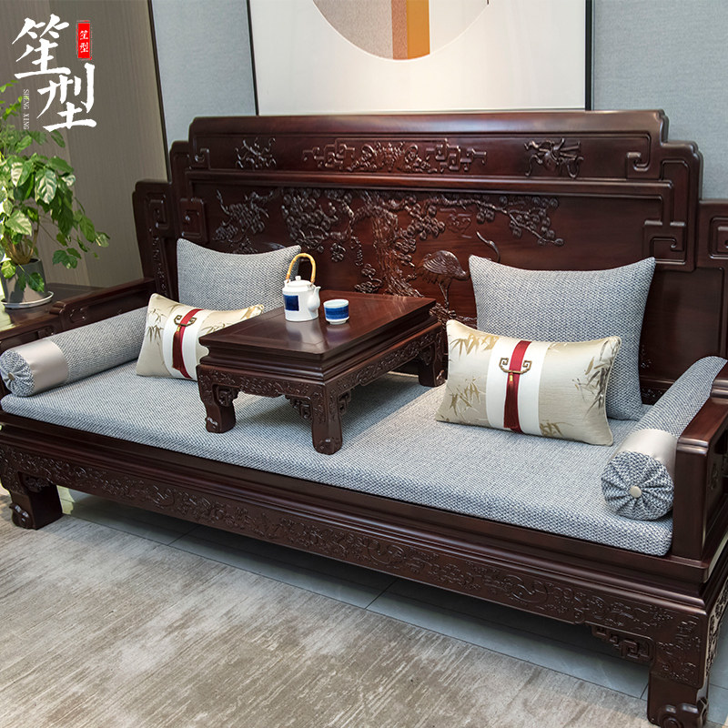 中式红木沙发棉麻坐垫套罩古典罗汉床五件套垫子靠垫腰枕扶手定制