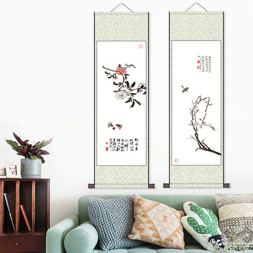 名家梅兰竹菊挂画卷轴画丝绢画布艺装饰花鸟画客厅玄关画电表箱画