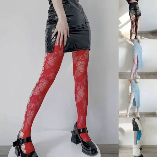 Women Punk Colorful Fishnet Pantyhose Side Crisscross Hole R