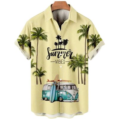 Summer Mens Hawaiian Shirts Vintage Top 3d Car Print Loose