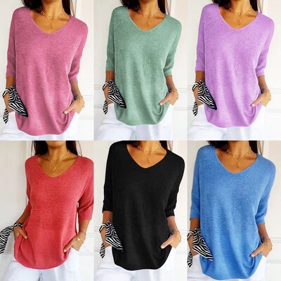 Knitted Sweater Casual Sweater Multicolor Basic Slim V-neck