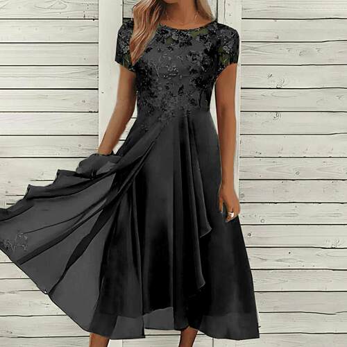 O-Neck Short Sleeve Waist Tight  Elegant Embroidery Lace
