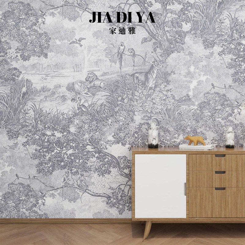 法式复古丛林黑白灰色雨林风景壁纸卧室床头客厅电视背景墙纸墙布,家装主材,定制壁画,淘宝优惠券,粉丝福利购,淘宝优惠卷