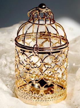 桌面铁艺家居镂空烛台鸟笼造型居家欧式轻奢金色烛台装饰铁艺摆件