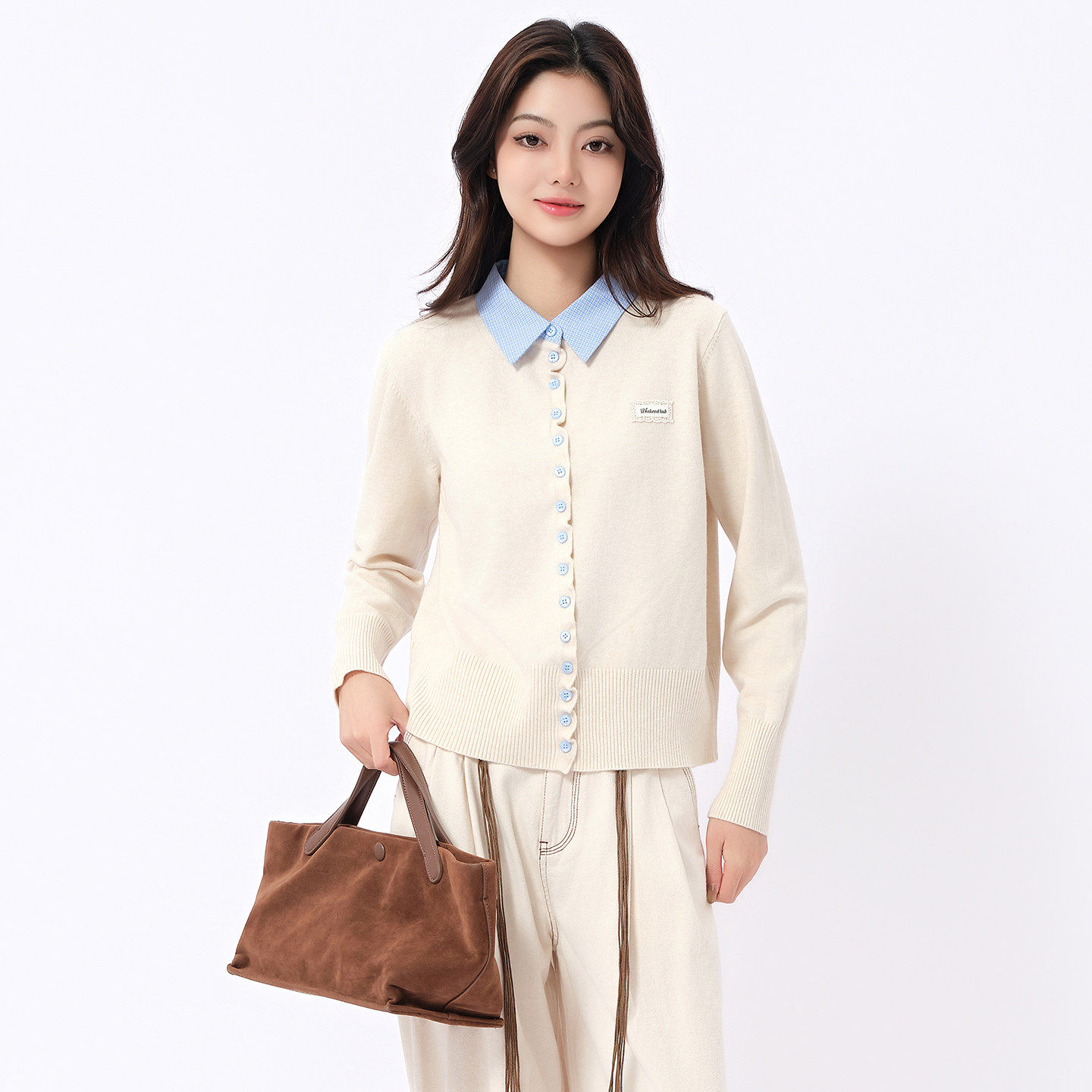 米诗薇针织衫2026春季新款假两件格子衬衫拼接翻领针织开衫女毛衣