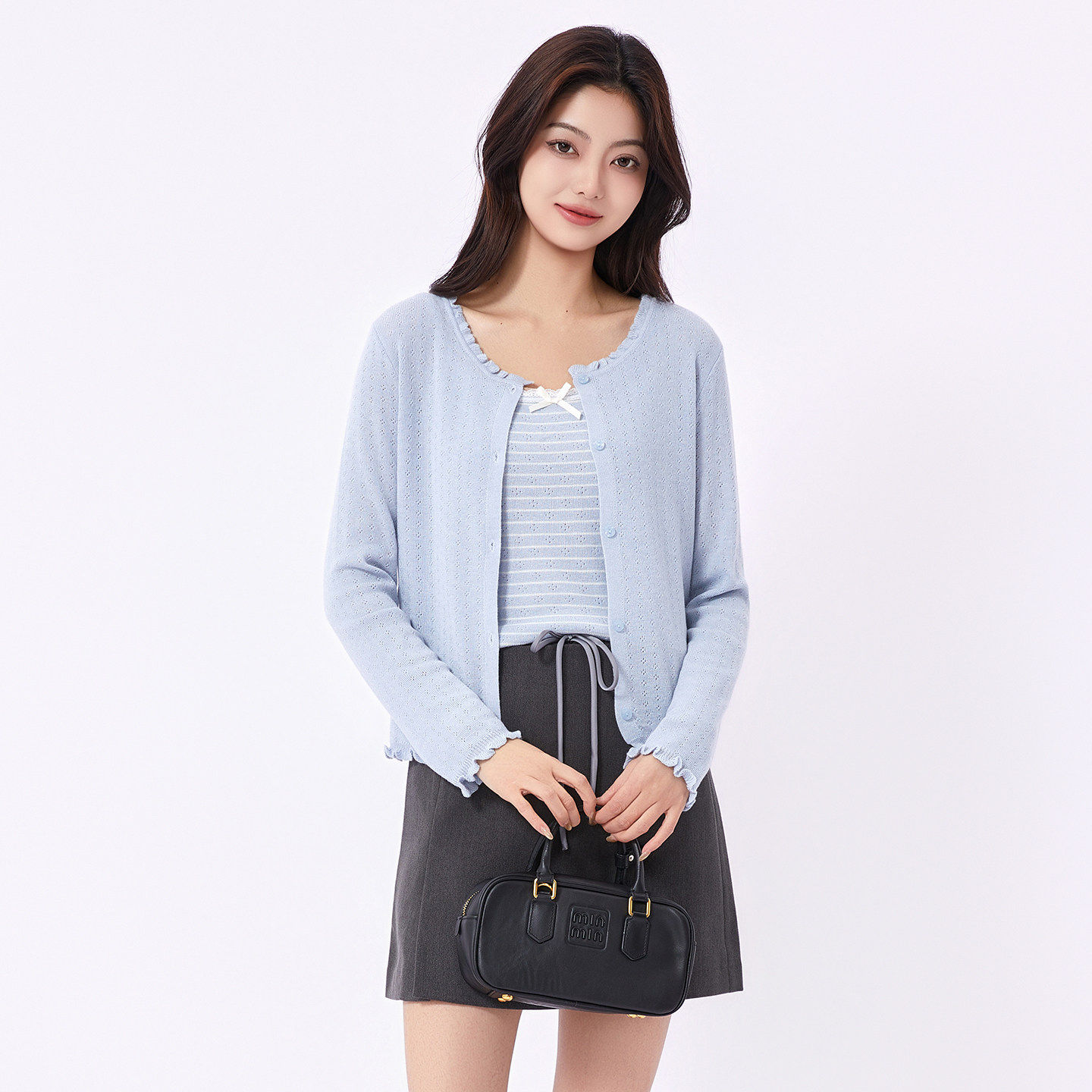 米诗薇木耳边针织开衫女2026春季新款薄款条纹针织衫防晒两件套女