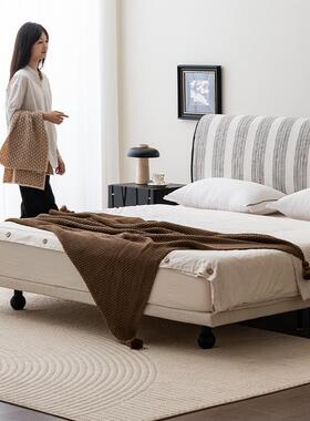支吾法原床野现代72288简约条纹布床式复古主人卧实木可拆洗亚麻
