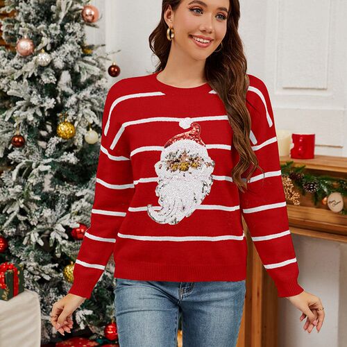 Knitted Base Shirt Loose Sequin Embroidered Santa Claus Holi