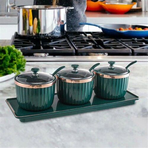 Spice Jar and spoon Tray Condiment Pots Set Salt Container