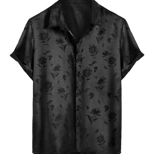 ZAFUL Satin Shirts for Men Jacquard Rose Printed Silky Short