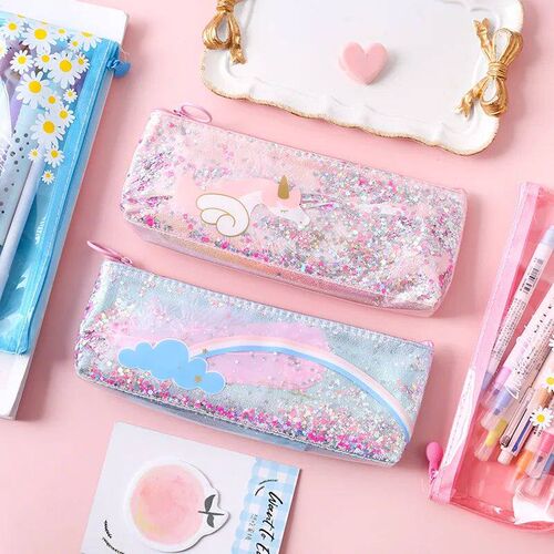 Kawaii Unicorn flower Sequin large Pen Case Creative PVC Pen