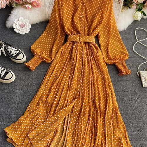 Spring Autumn Women Vintage Maxi Party Dress Long Sleeve