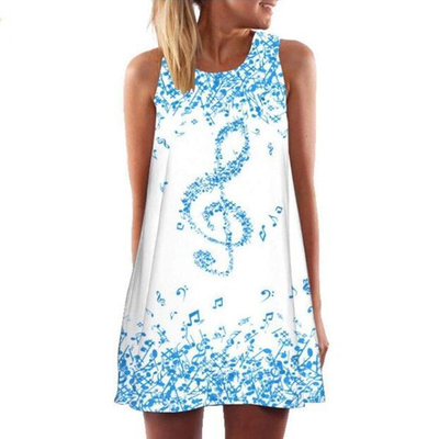 Woman Summer Dress Loose Sleeveless Dynamic Music Note