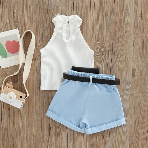 Little Girl Three-Piece Outfits Solid Color Sleeveless Ribbe