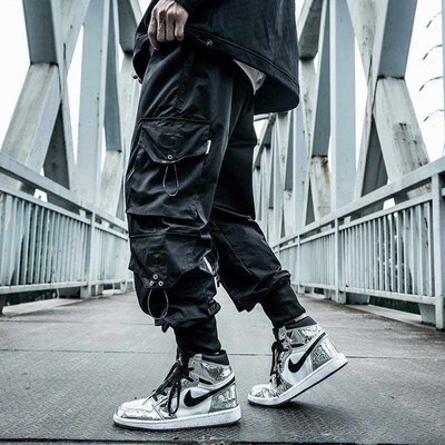 HOUZHOU Black Cargo Pants Men Joggers Hip Hop Techwear Pants