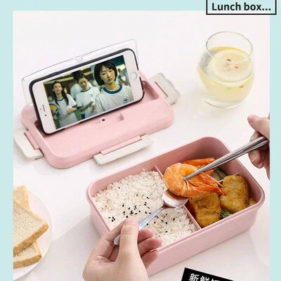 Microwave Lunch Box Wheat Straw Dinnerware with Spoon Chopst