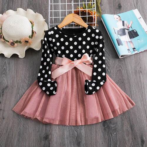 2023 Elegant Kids Polka-Dots Girls Party Dress Autumn/Summer