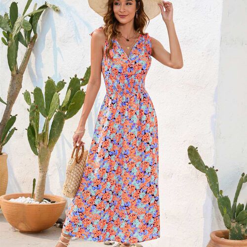Spring and summer womens waist flower waist dress V-neck st