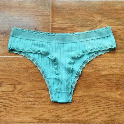 3pcs Ruffles Lace Low Waist Ribbed Cotton Thong Solid Color