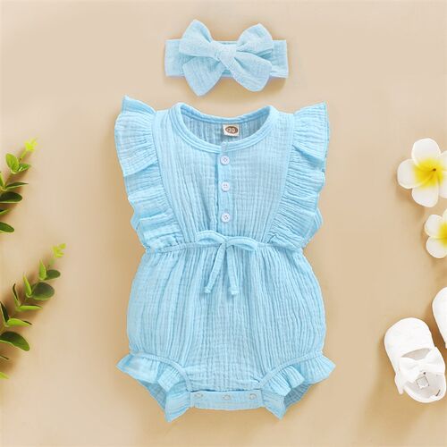 Summer Baby Girls Romper + Headband Cotton Linen Ruffles Sle