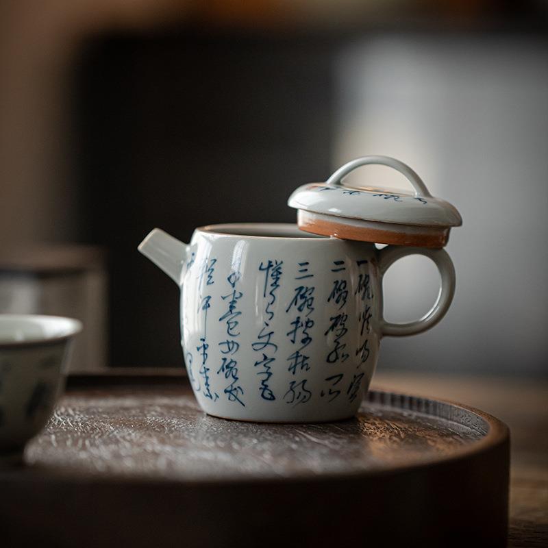 仿古青陶瓷纯手写茶壶鼓形壶诗文书法单壶带过滤泡茶壶瓷壶