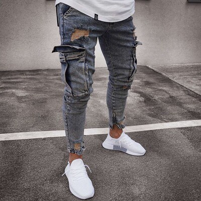 Hot Sale Sretch Mens Jeans rendy Knee Ripped Zipper Pants
