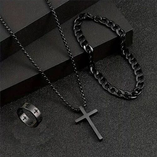 3pcs Set Mens Stainless Steel Metal Cross Pendant Chain Nec