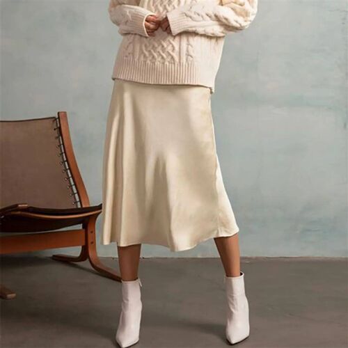 High Waist Elegant Skirt Womens Midi Skirt Satin Silk Solid