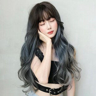 BlueGray Wig Head Wavy Fash Full Gradient Women Long for