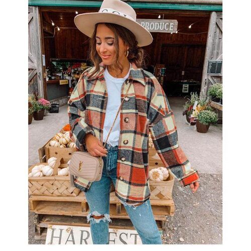 Long sleeved lapel womens checkered shirt, medium length