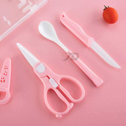 Ceramic set three piece baby portable food spoon scissors fo