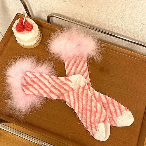 Sweet Girl Feather Lace Brushed Mid Tube Socks Womens Breat