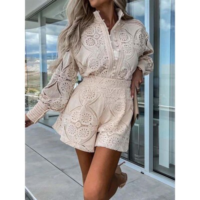 Hook Flower hollow Lace Shorts Matching Suit Elegant Office