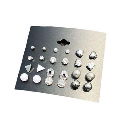 12 Pairs Womens Earring Sets Square Zircon Studs Heart Diamo
