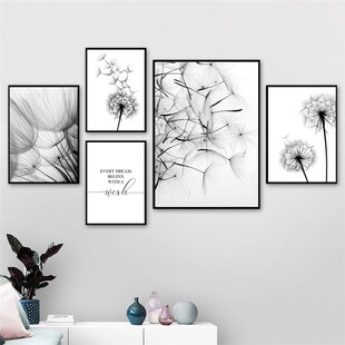 Modern Dandelion Wall Art  Painting Black White Wish Quote P