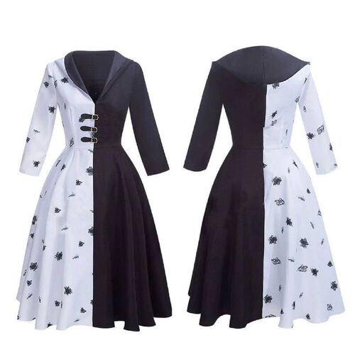 Cruella De Vil Cosplay Costume Women Gown Black White Maid