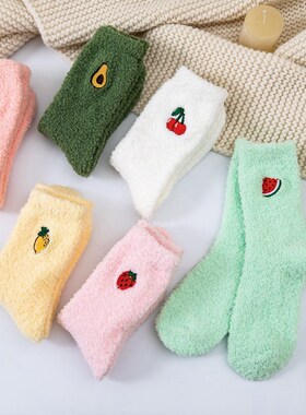 Kawaii Womens Fruit Socks Fluffy Warm plush Socks Female Fa