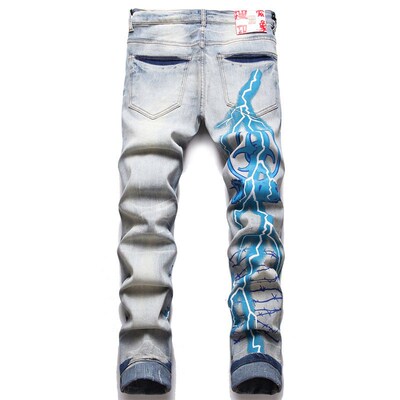 Style Punk rend Retro Blue Ripped Slim-fit Sretch Printed Sk