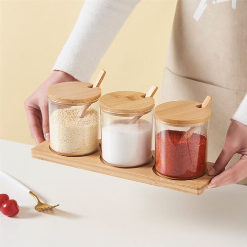 Kitchen Seasoning Box, Bamboo And Wood Lid Storage Box, Jar,