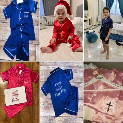 Boys Girls Custom Birthday Pyjamas Clothes Satin Silk Kids P