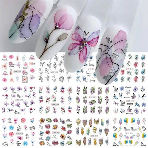 12 PCs Ink Flowers Nail Art er Summer Water Decal Blooming F