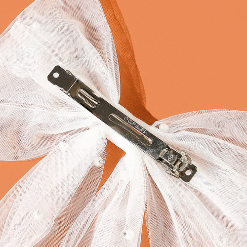 New Long Ribbon Mesh Bow Hair Clips Elegant Imitation Pearls