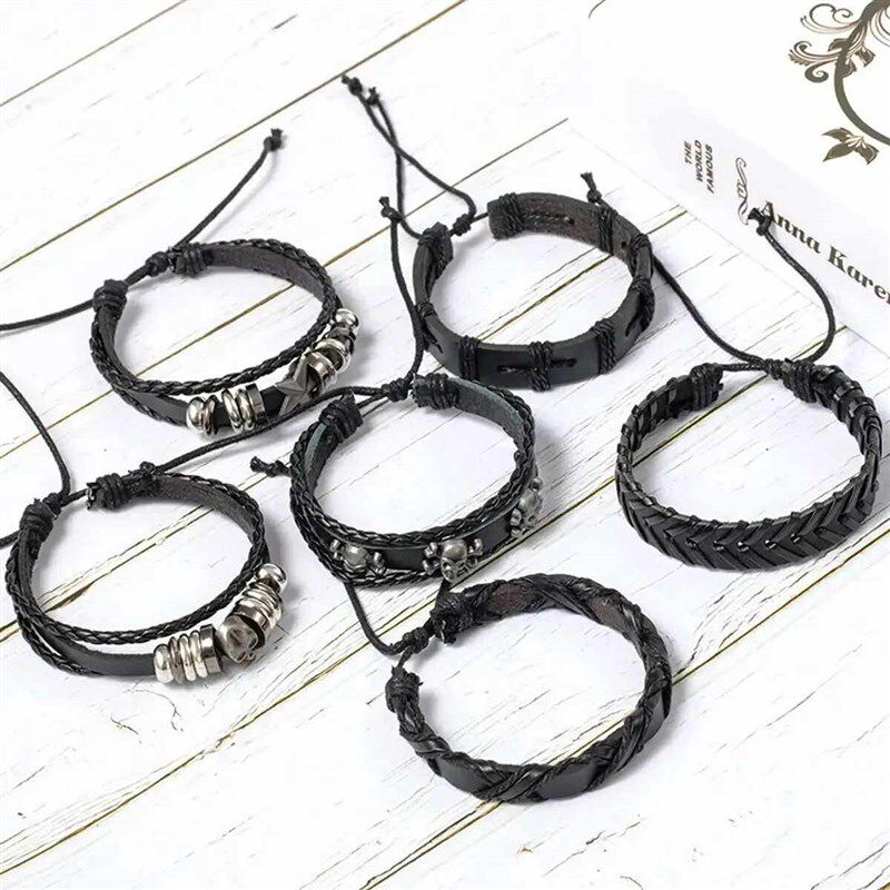 6pcs/Set Black Punk Skull & Star Shaped Alloy & Pu Leather B